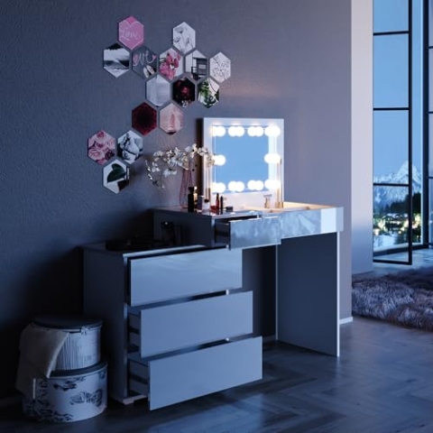 Vicco Schminktisch Lotos, Kosmetiktisch mit Spiegel, Weiß, 117 cm mit LED Beleuchtung