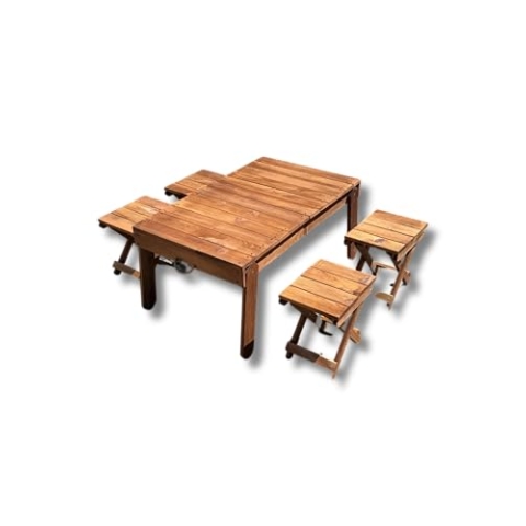 Industrial Living Klappbarer Picknicktisch mit 4 Hocker, Walnuss Farbe, 98x60x47cm, Faltbarer Campingtisch für Garten