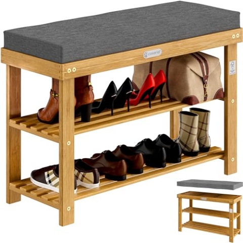 Casaria® Schuhbank mit Sitzfläche 90x30x48cm FSC®-zertifiziertes Akazien Holz 5cm Polsterauflage abnehmbar Schuhregal Sitzbank Stauraum Schuhschrank