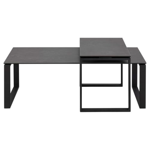 AC Design Furniture Jannis Tischset in Schwarz mit Keramik-Tischplatte und Schwarzen Metall-Kufen, 2-teiliger Beistelltisch, Rechteckig, Modernes Design, B: 115/69 x H: 45/37,5 x T: 55/40 cm