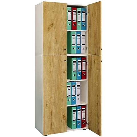 VCM Büroschrank mit 5 Fächern | moderner Aktenschrank mit Drehtüren | Maße ca. B. 70 x H. 184 x T. 40 cm – Lona 5-Fach Weiß/Honig-Eiche