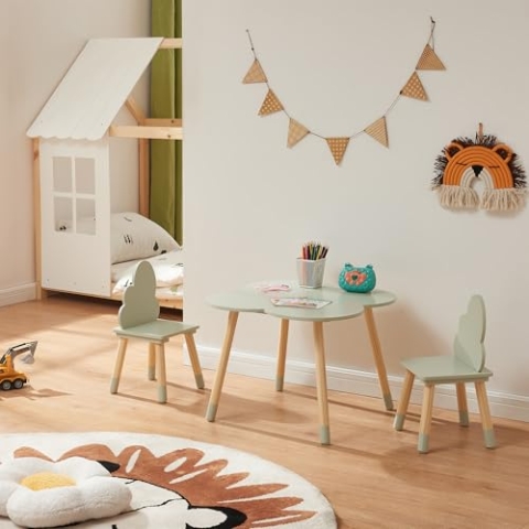 [en.casa] Kindertisch mit 2 Stühlen Epim Kinderstühle mit Rückenlehne Kindersitzgruppe Kindermöbel Wolkendesign Spieltisch Maltisch Holz Mintgrün