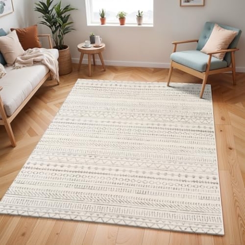 Livabliss Madrid Teppich Wohnzimmer Boho, großer Teppich Schlafzimmer 152x213 cm - Teppich für Esszimmer mit geometrischem Muster, Skandinavischer Wohnzimmerteppich modern in Elfenbein und Hellgrau