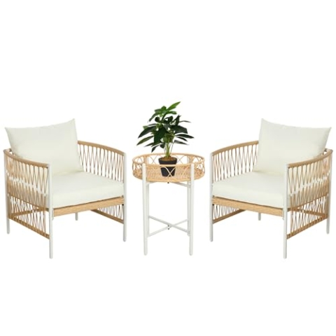 Outsunny 3er Set Rattan Gartenmöbel-Set, Gartengarnitur mit 2 Gartenstühle, Couchtisch, Balkonmöbel-Set mit Kissen, für Balkon, Terrasse, Gelb+Creme