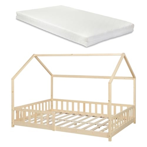 [en.casa] Kinderbett Hesel Hausbett mit Matratze 140 x 200 cm Holzoptik mit Rausfallschutz und Lattenrost Bodenbett Jugendbett Holzbett