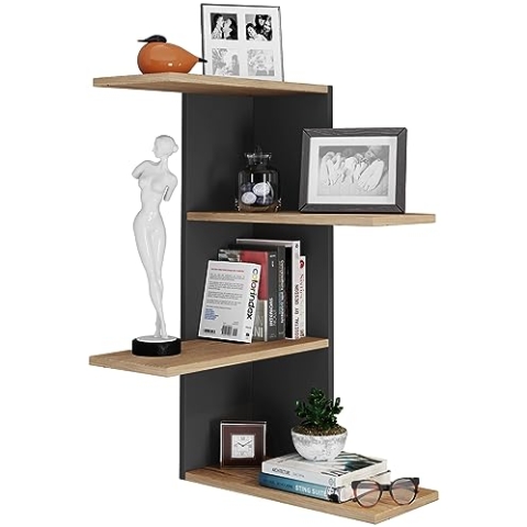 VCM Holzregal hängend | platzsparendes Regal | Maße: H. 180 x B. 21 x T. 20 cm | Elegantes Regal hängend | Aufbewahrungsregal | Bücherregal | Wandboard - Regal Balos Schwarz/Honig-Eiche