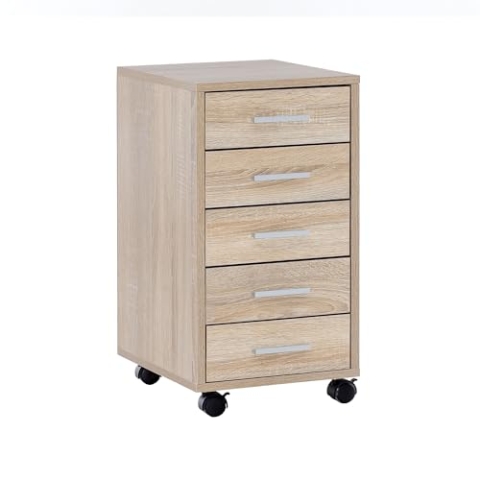 Wohnling Rollcontainer Sonoma 33 x 63 x 38 cm Holz Schubladenschrank Schreibtisch, Büro Schrank mit 5 Schubladen, Container Rollschrank klein Standcontainer schmal, Schreibtischcontainer mit Rollen