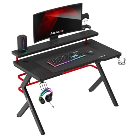 huzaro Hero 5.0 | Gaming Tisch Schreibtisch Computertisch Bürotisch | 120x60 cm | Monitorständer | Kopfhörerhaken Getränkehalter | Zwei Kabeldurchführung | Carbon Tischplatte | Gamer | Schwarz Rot
