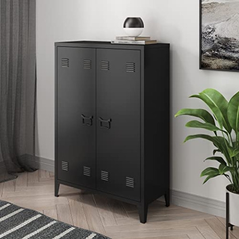 [en.casa] Metallschrank Oripää Wohnzimmerschrank 110 x 75 x 33 cm Aktenschrank Werkstattschrank mit 2 Türen und 2 höhenverstellbaren Ablagen Schwarz