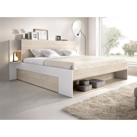Vente-unique-Bett mit Stauraum - 140 x 190 cm - Holzfarben & Weiß - KEROSIA