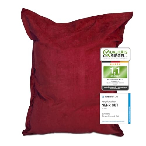 Lumaland Riesen-Sitzsack XXL 140x180cm | Indoor Bean Bag aus weichem & waschbarem Microvelours | 2-in-1- für bequemes Sitzen & Liegen | Mit über 3 Mio. anpassungsfähigen EPS-Perlen [Rot]