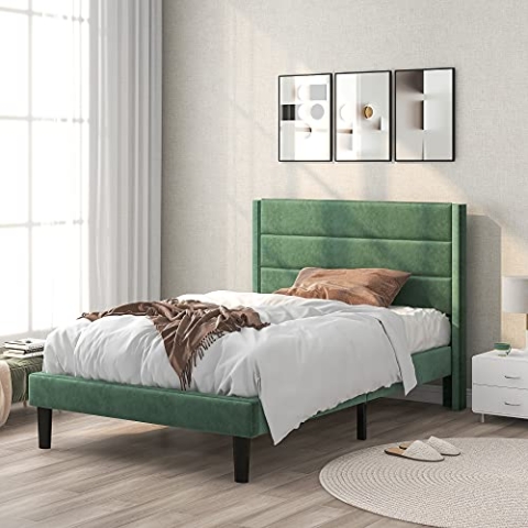 okwish Polsterbett Jugendbett Einzelbett 90 x 200 cm, Bettgestell mit Lattenrost & Kopfteil, mit Matratze, Grün