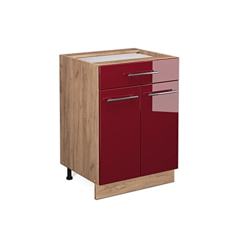 Vicco Küchenunterschrank Fame-Line, Bordeaux Hochglanz/Goldkraft Eiche, 60 cm mit Schublade, ohne Arbeitsplatte