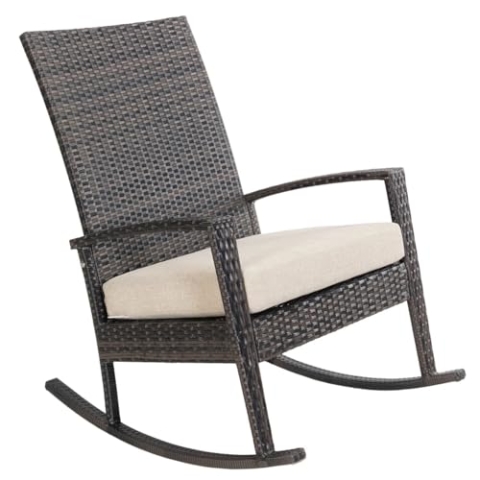 Ogarden Rocking Chair, Garten schaukelstuhl wetterfest, Poly Rattan Outdoor Schaukelstuhl, Schaukelsessel mit Kissen, für Garten, Terrasse, Balkon, Gartenstuhl (Hellbraun - Khaki Kissen)