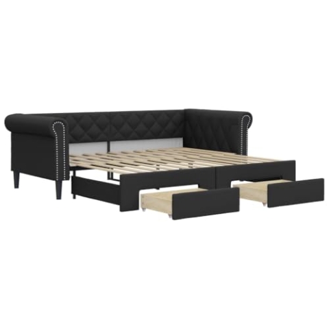 vidaXL Tagesbett, Ausziehbar Schlafsofa mit Schubladen, Bettsofa Gästebett für Schlafzimmer Wohnzimmer, Bett Sofa Ausziehbett, Schwarz 90x200cm Kunstleder