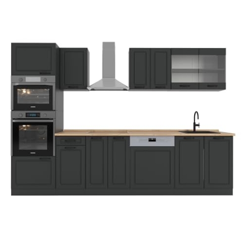 Vicco Küchenzeile R-Line, Anthrazit Landhaus/Anthrazit, 300 cm mit Hochschrank, AP Eiche
