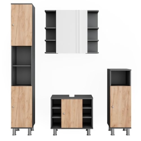 Vicco Badmöbel-Set Fynn, Badezimmerschrank-Set, Anthrazit/Goldkraft Eiche, 4 Teile