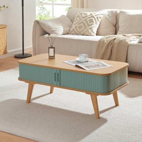 [en.casa] Couchtisch Tysvær Wohnzimmertisch mit 2 Schiebetüren Blau Bambus Sofatisch mit Stauraum 100 x 50 x 40 cm