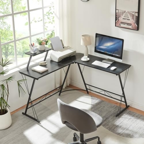 [en.casa] Schreibtisch Yremso L-förmig Eckschreibtisch 122 x 122 x 98 cm Computertisch Bürotisch mit erhöhter Ablage Arbeitstisch Metallgestell Schwarz