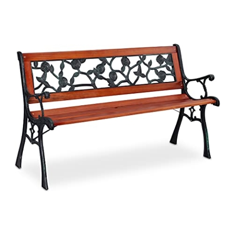 Relaxdays Gartenbank, Rosenmuster, 2 Sitzer, Holz & Gusseisen, Balkon & Terrasse, Sitzbank, 73x125x52,5 cm, Natur/grün