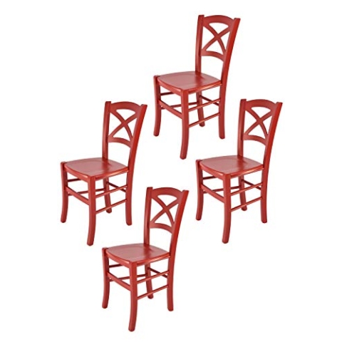 t m c s Tommychairs - 4er Set Stühle Cross für Küche und Esszimmer, robuste Struktur aus lackiertem Buchenholz im Farbton Rot und Sitzfläche aus lackiertem Holz in der Farbe Rot