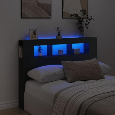 vidaXL LED Kopfteil, Bettkopfteil mit LED-Leuchten, Betthaupt mit Ablagen, Bettzubehör Schlafzimmer, Schwarz 140x18,5x103,5cm Holzwerkstoff