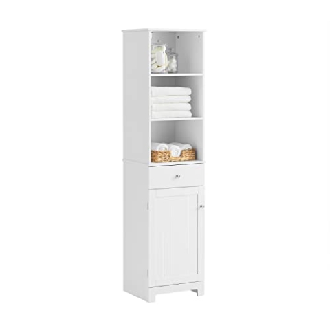 SoBuy BZR17-W Badezimmer Hochschrank Badschrank Badmöbel Badregal Badezimmerschrank mit 3 offenen Fächern, 1 Schublade und 1 Tür weiß BHT ca: 40x161x35cm