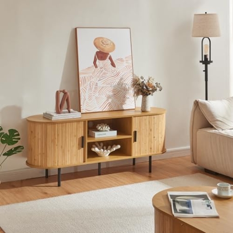 [en.casa] TV Schrank Tvedestrand Lowboard mit 2 Schiebetüren und 2 Ablagefächern Fernsehschrank 140 x 40 x 55 cm Sideboard Kommode mit Metallgestell Fernsehtisch Holzfarben/Schwarz
