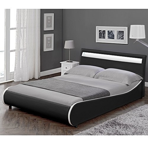Corium LED Polsterbett Valencia Wellenförmiges Doppelbett mit LED Beleuchtung aus Kunstleder Lattenrost & gepolstertes Kopfteil 140x200cm Schwarz mit weißer Kante