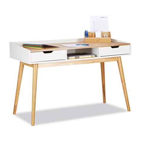 Relaxdays Schreibtisch, skandinavisches Design, 2 Schubladen, Bürotisch HxBxT: ca. 76 x 120 x 55 cm, Holz, weiß-braun