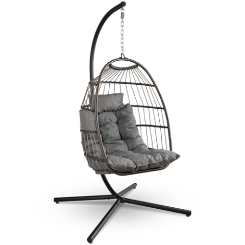 SereneLife Hängesessel mit Gestell – Rattan Hängesessel für Kinder & Erwachsene Wetterfest – Schaukel Outdoor & Indoor bis 250 kg mit Dicke Kissen – Faltbarer Hängestuhl für Balkon & Wohnzimmer