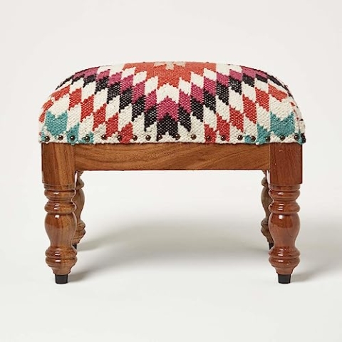 Homescapes Kelim-Hocker Manila 30x50 cm, Hocker rechteckig mit handgewebtem Kelim-Bezug, Polsterhocker mit Holzbeinen