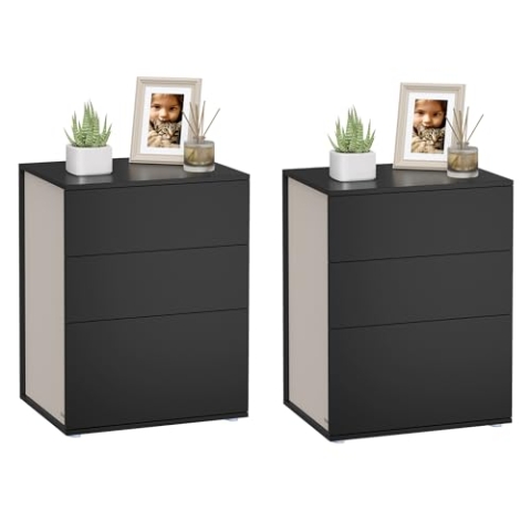VASAGLE Nachttisch, 2er Set, Beistelltisch 3 Schubladen, Superschnelle werkzeuglose Montage, Nachtschrank, Schlafzimmer, Wohnzimmer, Toolless-Technologie, tintenschwarz-cappuccinobeige LET779B01