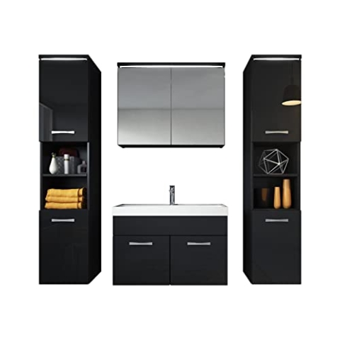 Badezimmer Badmöbel Set Paso XL LED 80cm Waschbecken Hochglanz Schwarz Fronten - Unterschrank 2X Hochschrank Waschbecken Möbel