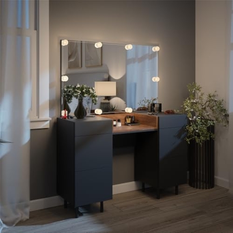 Vicco Schminktisch Anika, Anthrazit/Nussbaum, 120 cm mit LED Beleuchtung