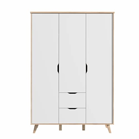 FORTE VANKKA Schrank 140 200, Kleiderschrank 2 Schubladen, Schlafzimmerschrank Jugendzimmerschrank, Kinderzimmer Skandinavisch 3-türig Weiß / Planked Eiche, 139 cm breit x 201.5 cm hoch x 53 cm tief