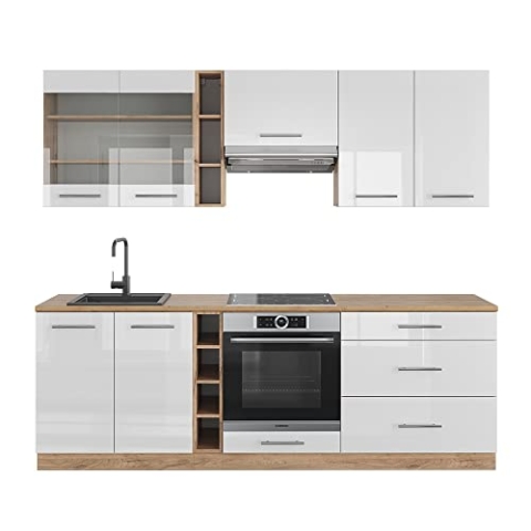 Vicco Küchenzeile Fame-Line, Weiß Hochglanz/Goldkraft Eiche, 235 cm ohne Arbeitsplatte