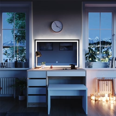 Vicco Schminktisch Sherry, Sonoma/Weiß, 120 cm mit LED Spiegel und Hocker