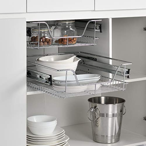 [en.casa] Teleskopschublade 2er Set 50cm Schrankbreite Küchenschublade inkl. Schienen Einbauschublade 47x44x14cm Schubladenkorb 2 Stück bis 20 kg Stahl Silber