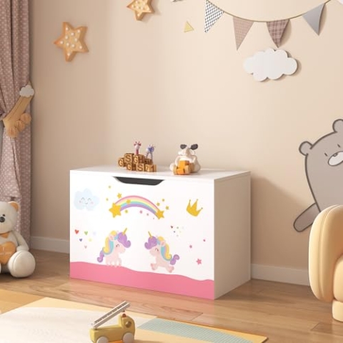 [en.casa] Spielzeugkiste Oleiros mit aufklappbarem Deckel Aufbewahrungsbox für Kinderzimmer Bücher Spielzeug 40 x 60 x 30 cm Kinderzimmerbox mit Einhorn Motiv Weiß/Lila/Rosa