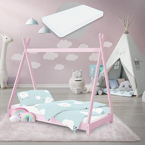 ML-Design Kinderbett Tipi 70x140 cm Rosa mit Matratze & Lattenrost, Indianer Bett aus Massivholz, Kiefernholz, Hausbett für Mädchen & Jungen, Kinderhaus Jugendbett Holzbett Bettenhaus Spielbett Zelt