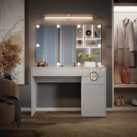 Vicco Schminktisch Adela, Kosmetiktisch mit Spiegel, Weiß Hochglanz, 115 cm mit LED Beleuchtung
