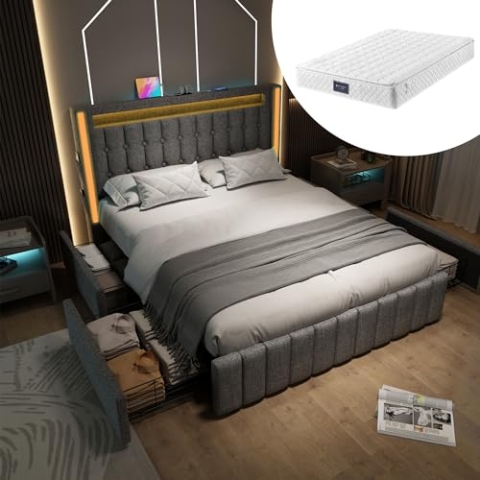 OKYION Polsterbett Jugendbett 160 x 200 cm mit USB-Ladeanschluss und LED-Beleuchtung, Doppelbett Stauraumbett mit 4 Schubladen Leinenstoff Grau(mit Matratze)