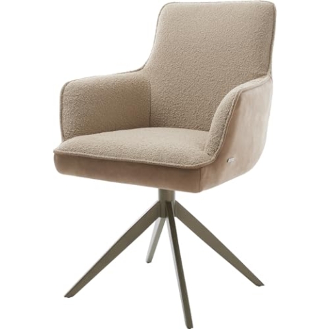 DELIFE Esszimmerstuhl Heira-Flex mit Armlehnen Kreuzgestell breit Effektfinish Titan Materialmix Schlamm 360° drehbar Taschenfederkern