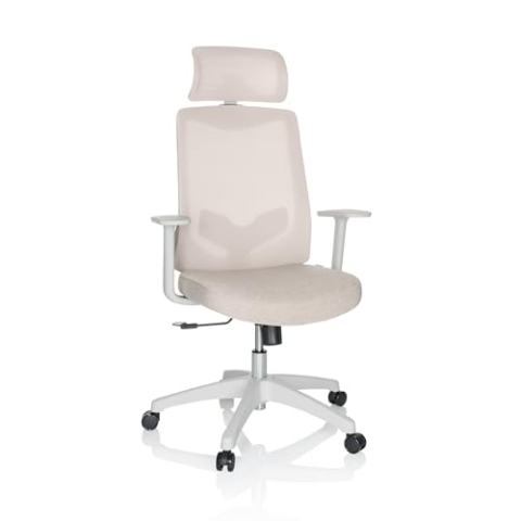 hjh OFFICE Bürostuhl MIKEO W Stoff Drehstuhl mit Lordosenstütze, Kopfstütze höhenverstellbar, Netzrücken, Beige 751011