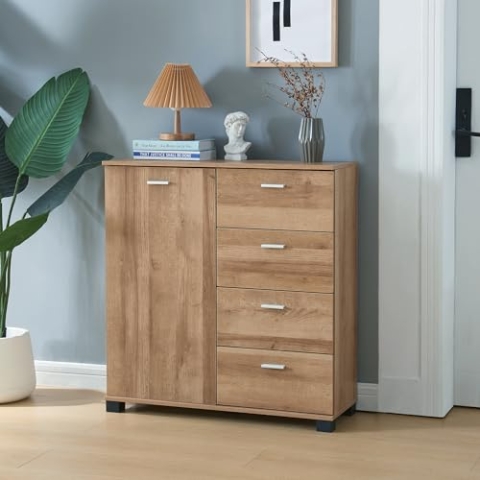 [en.casa] Sideboard Döbritz Flurschrank Mehrzweckschrank Kommode mit 4 Schubladen Wonhzimmerschrank für Flur Wohnzimmer Schlafzimmer 84x80x28cm Eiche