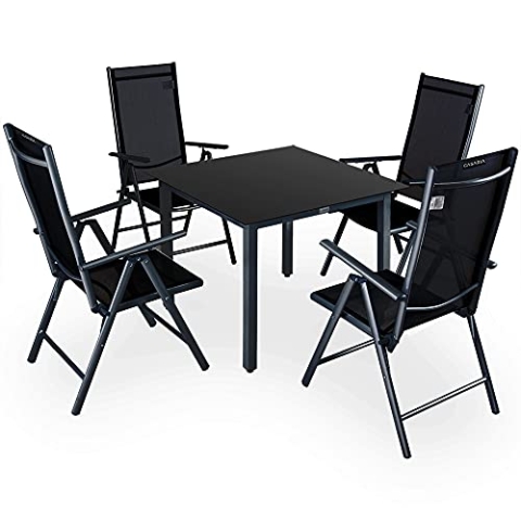 Casaria® Gartenmöbel Set 4 Stühle mit Tisch 90x90cm Aluminium Sicherheitsglas Wetterfest Klappbar Modern Terrasse Balkon Möbel Sitzgruppe Garnitur Bern