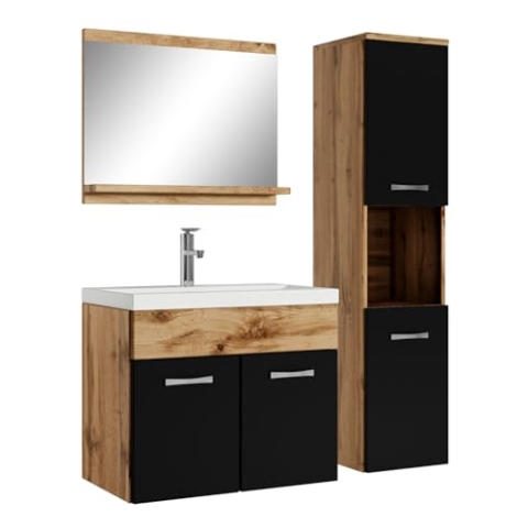 Badplaats B.V. Badezimmer Badmöbel Set Montreal 60cm Waschbecken Eiche mit mat Schwarz - Unterschrank Hochschrank Waschtisch Möbel