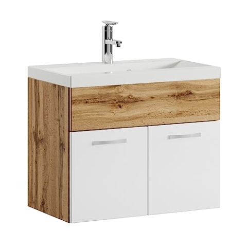 Badplaats B.V. Badezimmer Badmöbel Set Montreal 01 60cm Waschbecken Eiche mit Weiß - Unterschrank Waschtisch Möbel