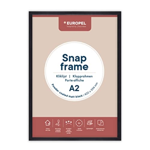 Europel leichte Klapprahmen DIN A2 mattschwarz pulverbeschichtet, Easy-Click System, Profil 25x11 mm, eloxierte Aluminium und blendfreie Schutzfolie, Außenmaß 451x625 mm, grau Polystyrol Rückseite